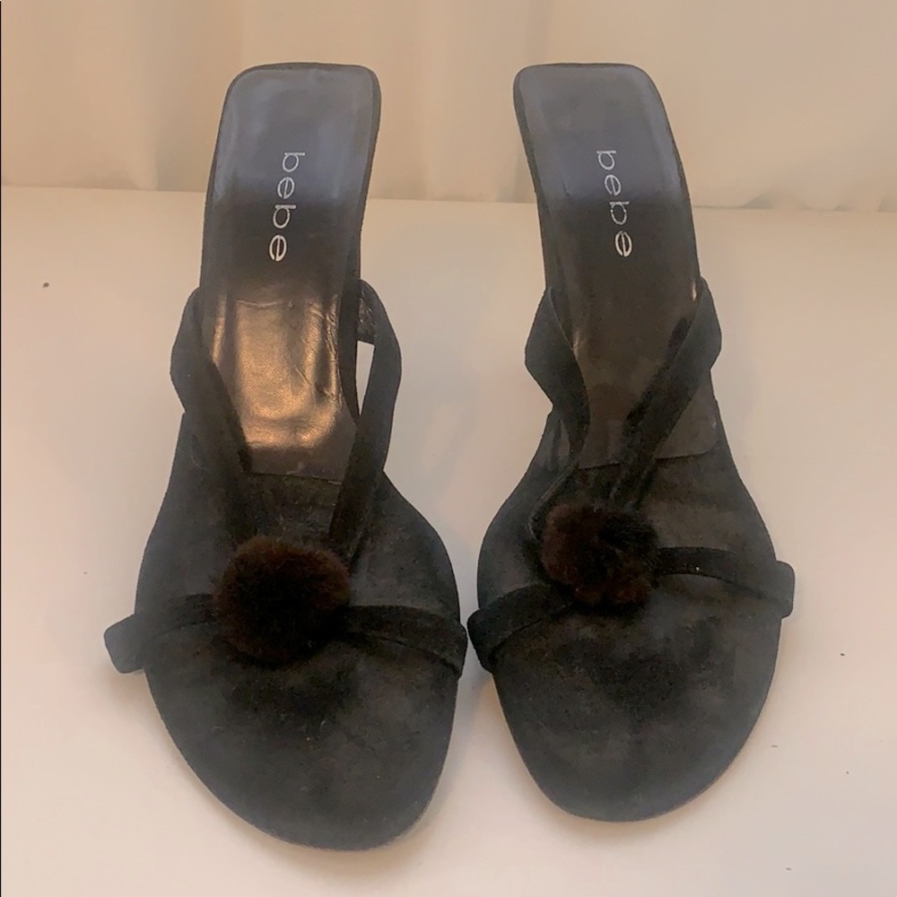 Bebe Suede heeled sandal w/ pom pom detail size 10